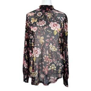 NWT Ivy Ridge Sheer Black Floral Print High Neck Long Sleeve Blouse
